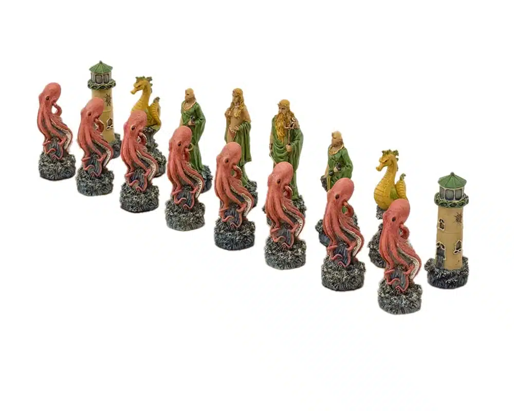 Jeu d'Echecs Fantasy Eau VS Feu en Résine & Echiquier en Similicuir avec Rangement - Image 5