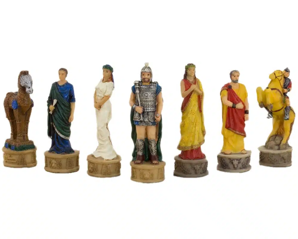 Jeu d'Echecs en Résine Mythologie Grecque : La Bataille de Troie et Échiquier en Similicuir Doré et Bleu - Image 8