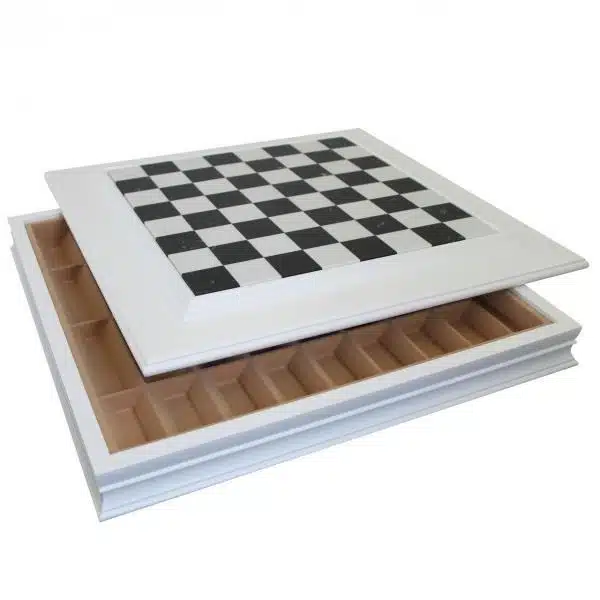 Grand Jeu d'Echecs en Bois et Métal Noir et Blanc & Échiquier en Marbre et Bois Laqué avec Rangement - Image 2