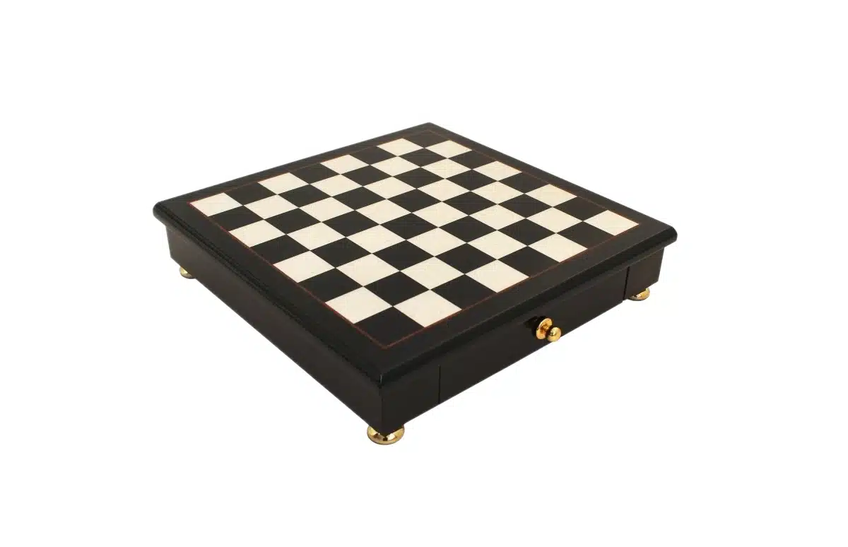 Pieces Echecs Staunton en Plaque Or et Argent et Echiquier sur Pied en Bois de Bruyere Noir et Blanc avec Tiroir de Rangement - Image 9