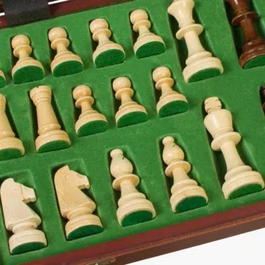 Pièces d'échecs rangées dans leurs compartiments doublés de feutrine verte
