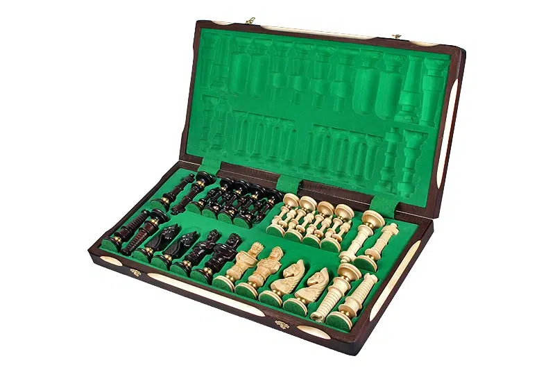 Grandes Pieces Echecs Sculptées en Bois et Echiquier Pliant en Bois avec Rangement - Image 2