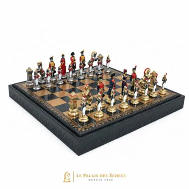 Jeu d'échecs Napoléon complet sur échiquier en similicuir avec coffret de rangement