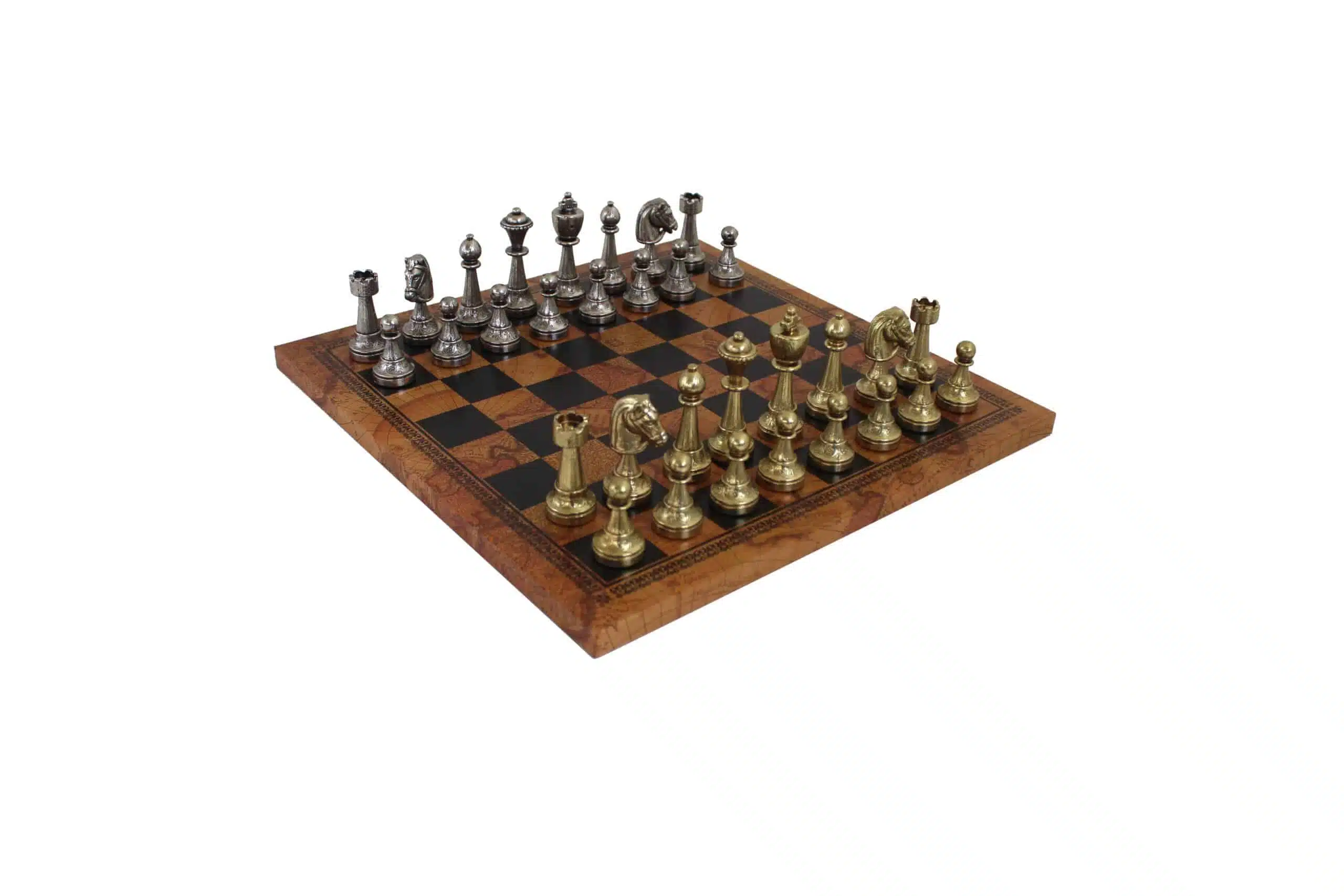 Jeu d'Echecs Staunton en Métal & Échiquier en Similicuir Ancienne Carte du Monde