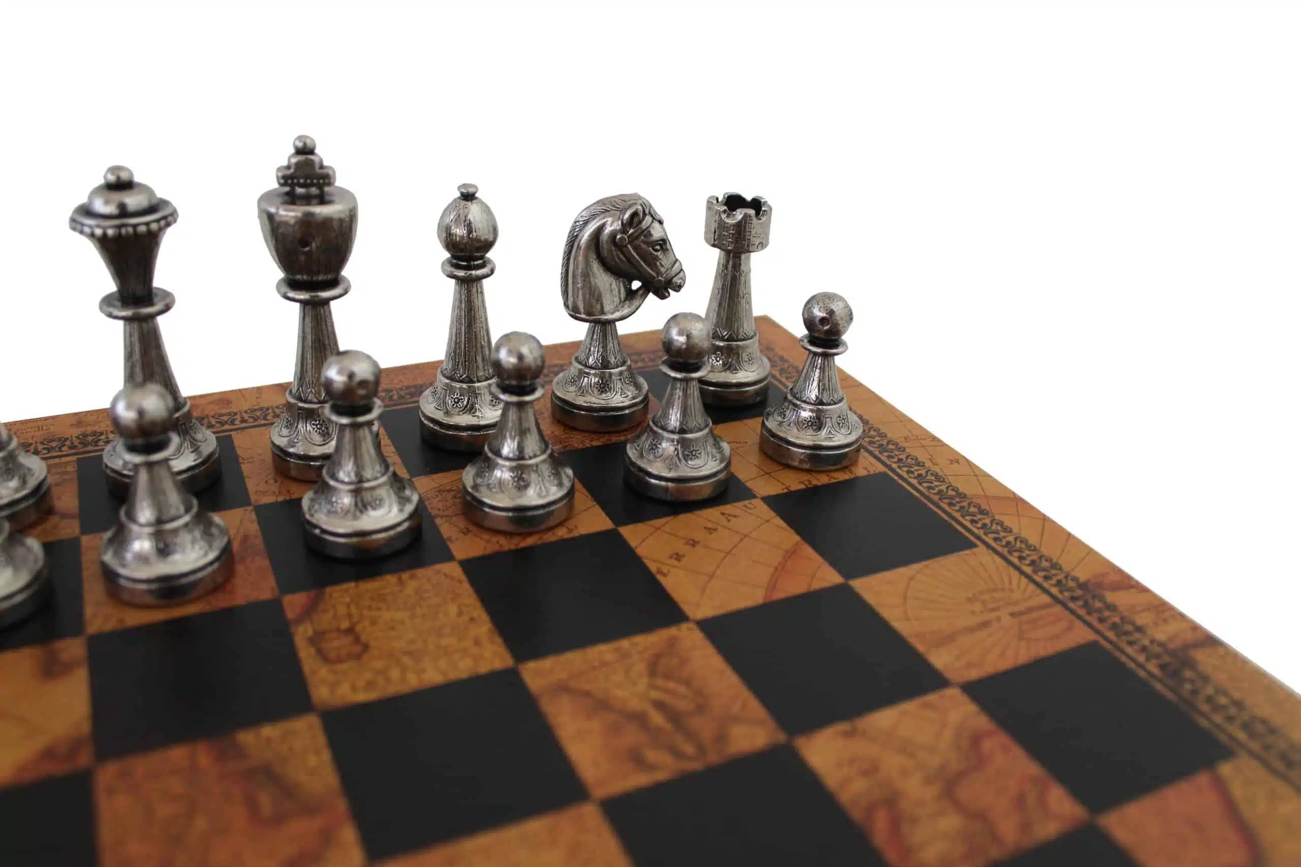 Jeu d'Echecs Staunton en Métal & Échiquier en Similicuir Ancienne Carte du Monde - Image 3