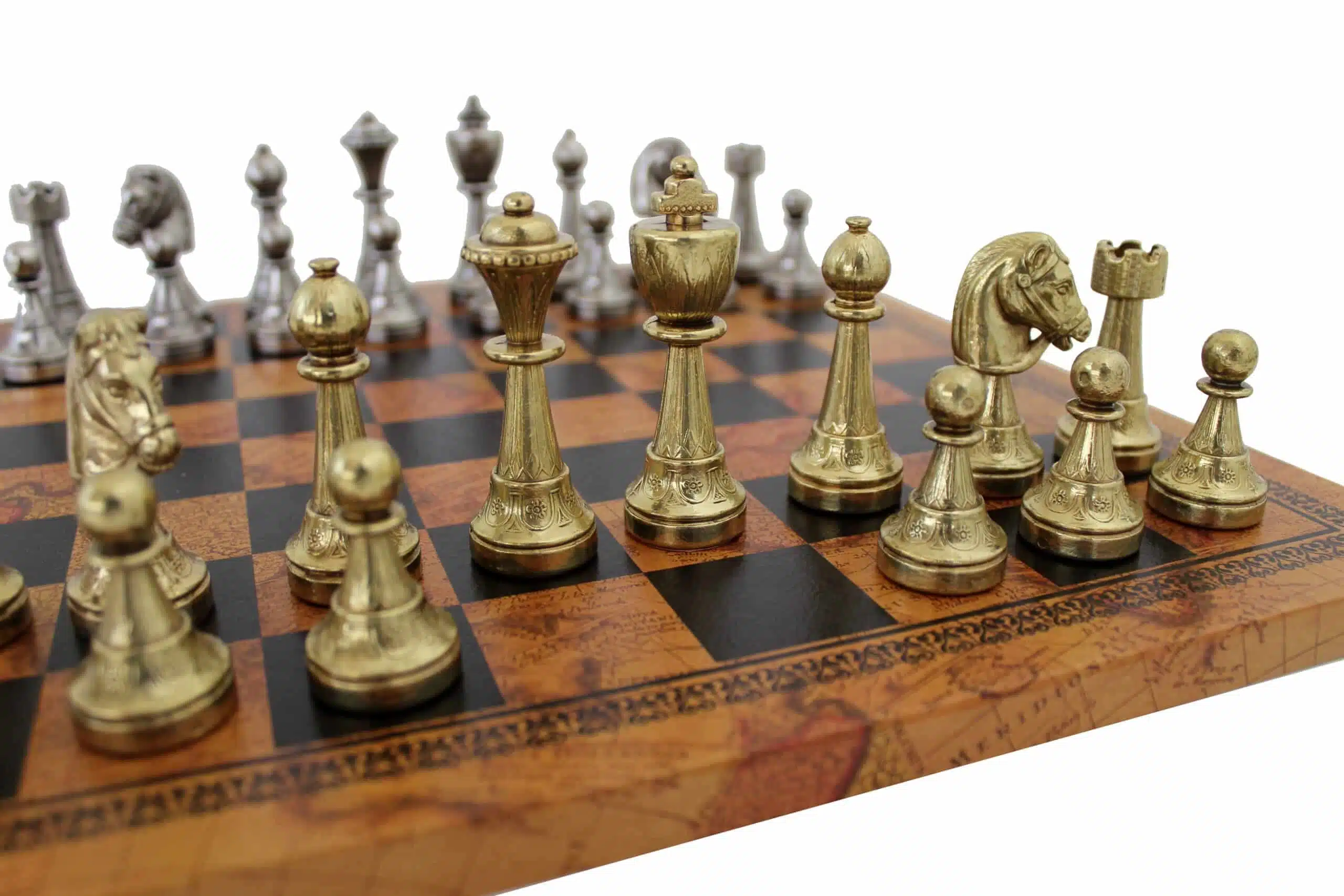 Jeu d'Echecs Staunton en Métal & Échiquier en Similicuir Ancienne Carte du Monde - Image 2