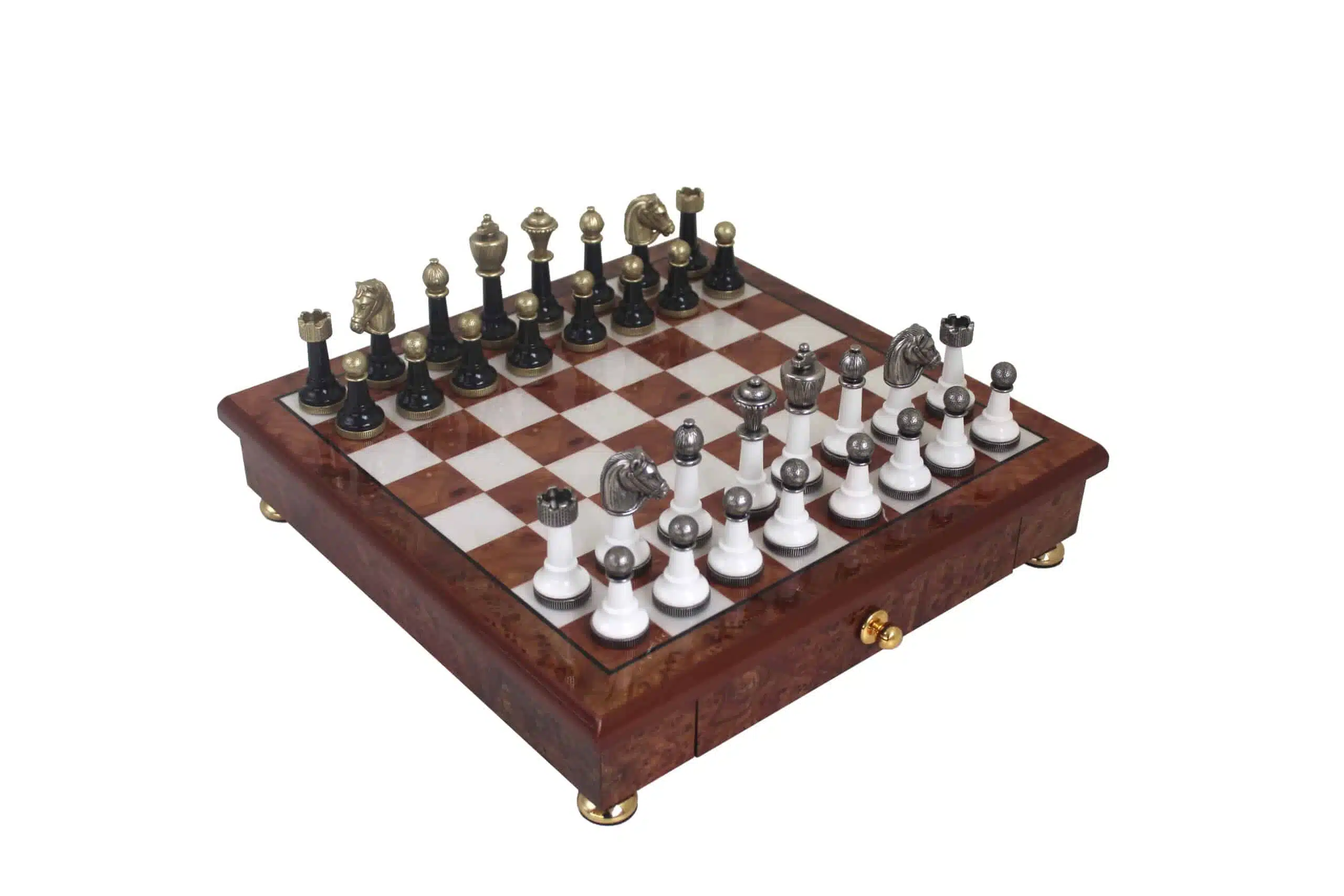 Pieces Echecs Staunton Noir et Blanc et Echiquier sur Pied avec Tiroir de Rangement en Bois