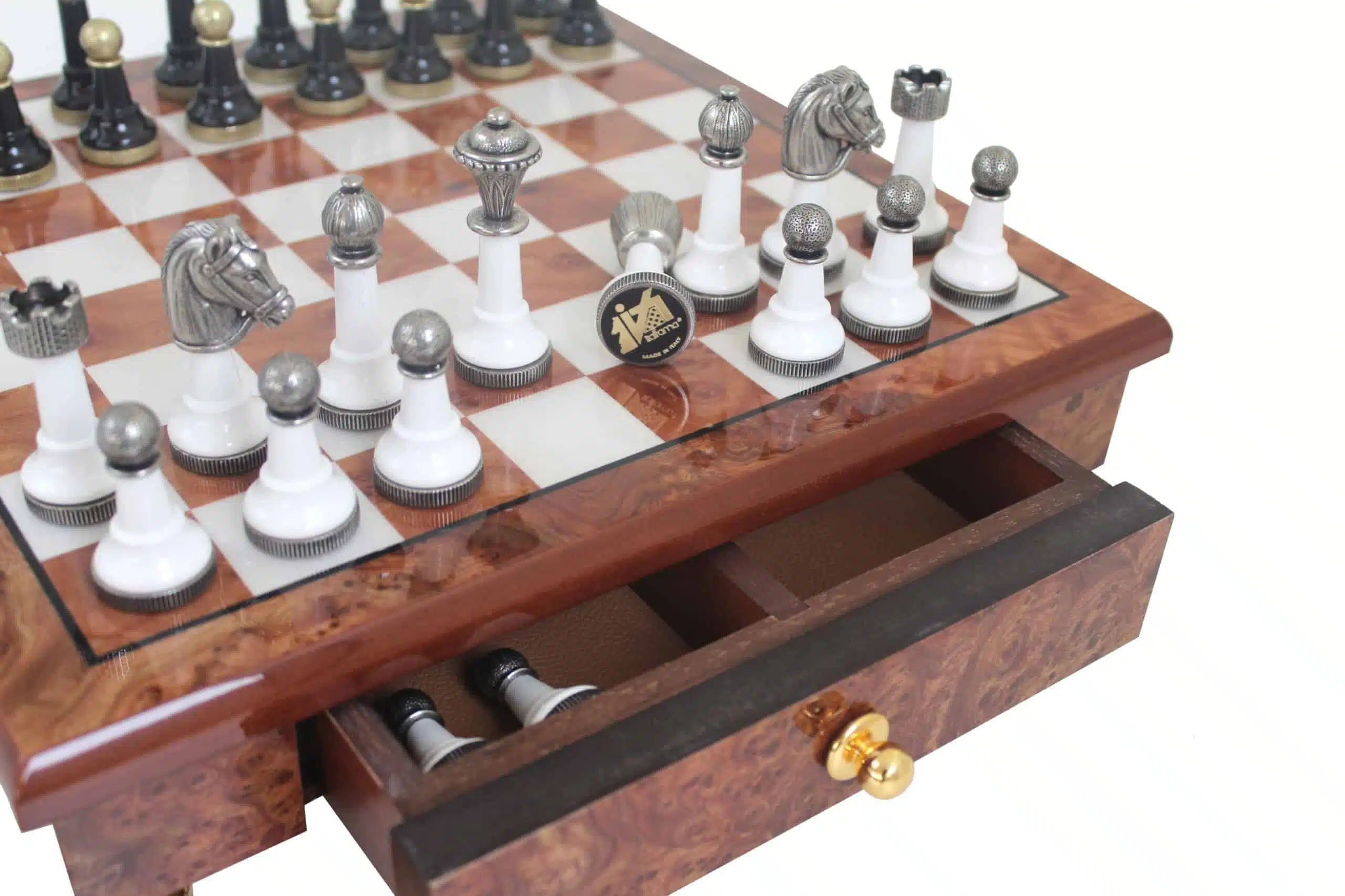 Pieces Echecs Staunton Noir et Blanc et Echiquier sur Pied avec Tiroir de Rangement en Bois - Image 2