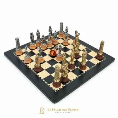 Jeu d'échecs Romains vs Barbare, pièces disposées sur l'échiquier vu de biais