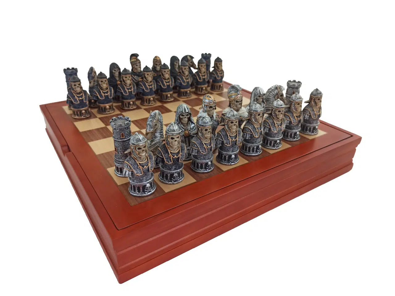 Ensemble Jeu d'Echecs Buste Squelette en Résine et Echiquier à Compartiments