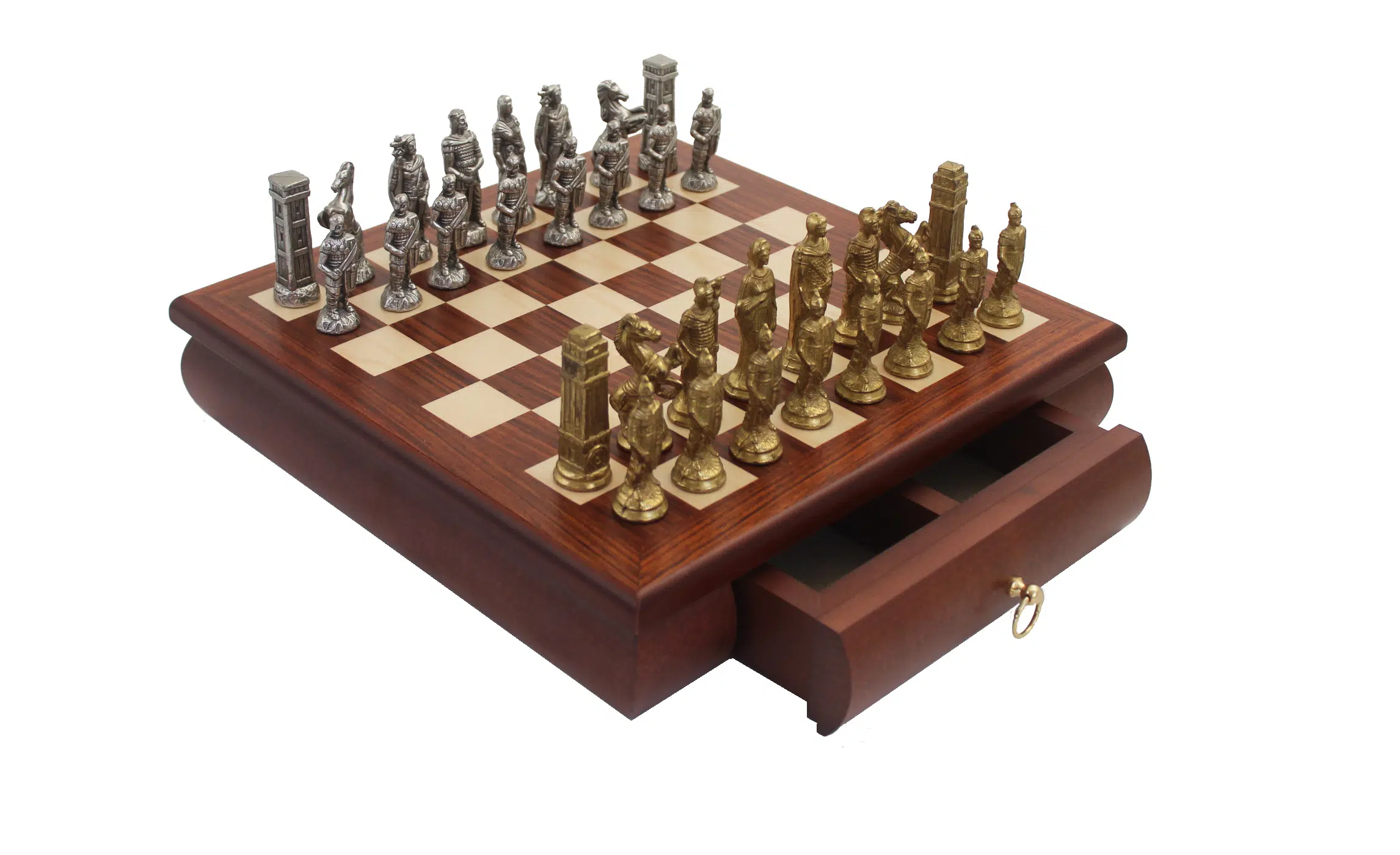 Ensemble Jeu d'Échecs Romains contre Barbares et Échiquier en Bois de Rose avec Tiroir