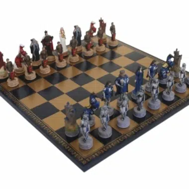 Ensemble Jeu d'Échecs Roi Arthur en Résine et Échiquier en Similicuir Bleu