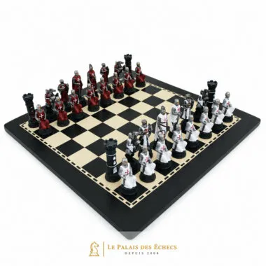 Ensemble de Jeu d'Échecs Ordre des Templiers - Pièces Peintes à la Main et Échiquier en Bois Noir Ébène