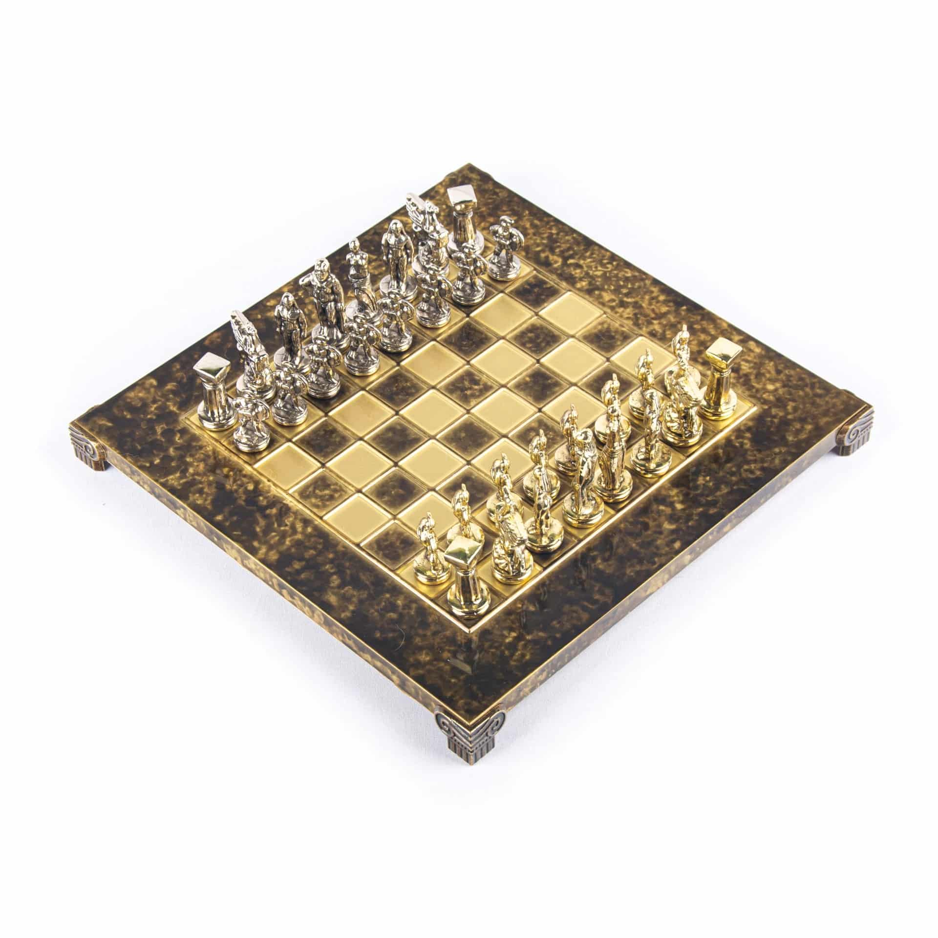 Petit Jeu d'Echecs Guerrier Spartiate - Pièces Dorées & Argentées avec Plateau de Jeu sur Pied en Metal - Image 7