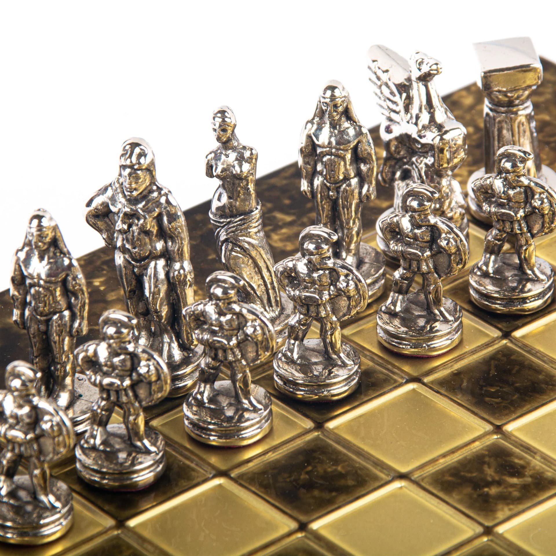 Petit Jeu d'Echecs Guerrier Spartiate - Pièces Dorées & Argentées avec Plateau de Jeu sur Pied en Metal - Image 9