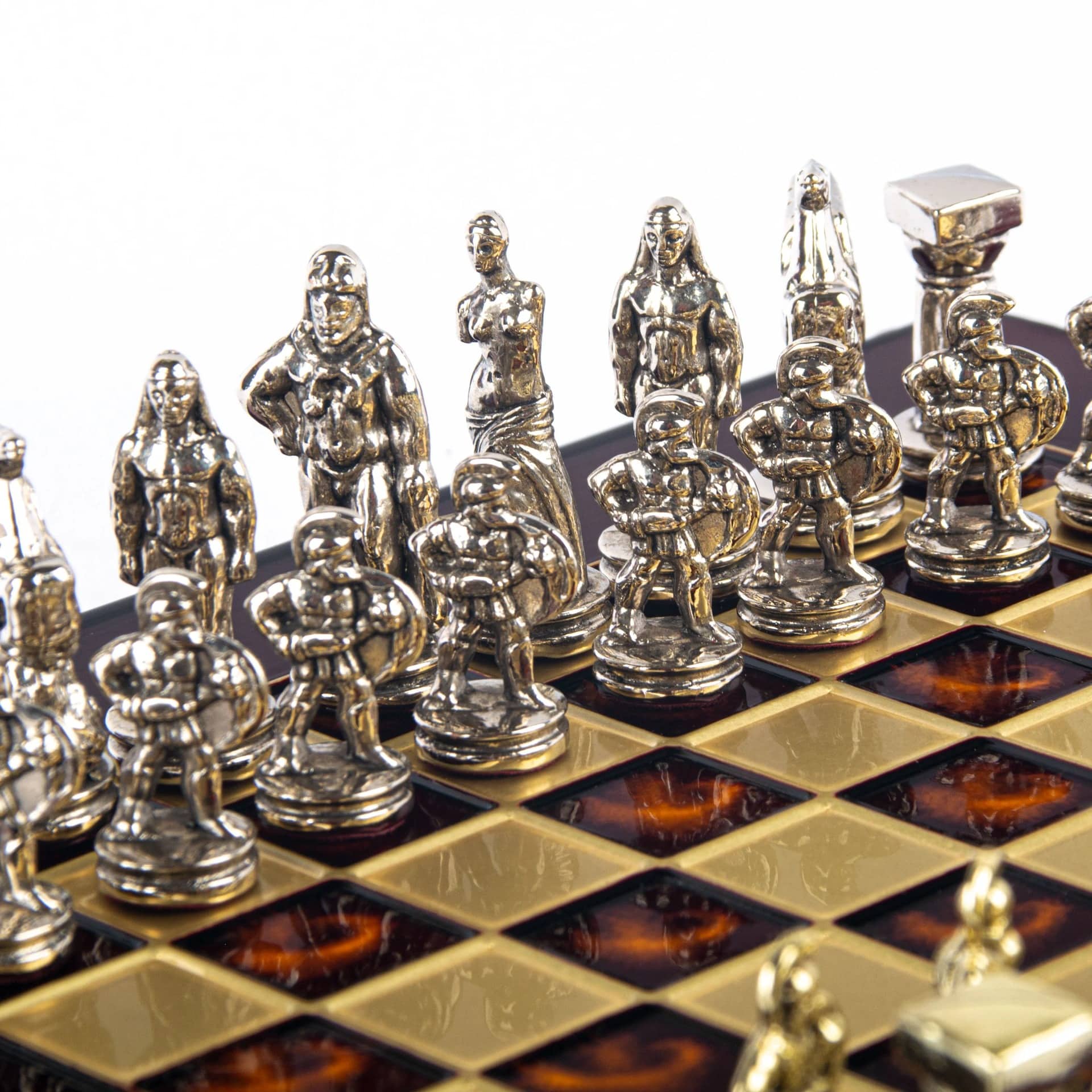 Petit Jeu d'Echecs Guerrier Spartiate - Pièces Dorées & Argentées avec Plateau de Jeu sur Pied en Metal - Image 15