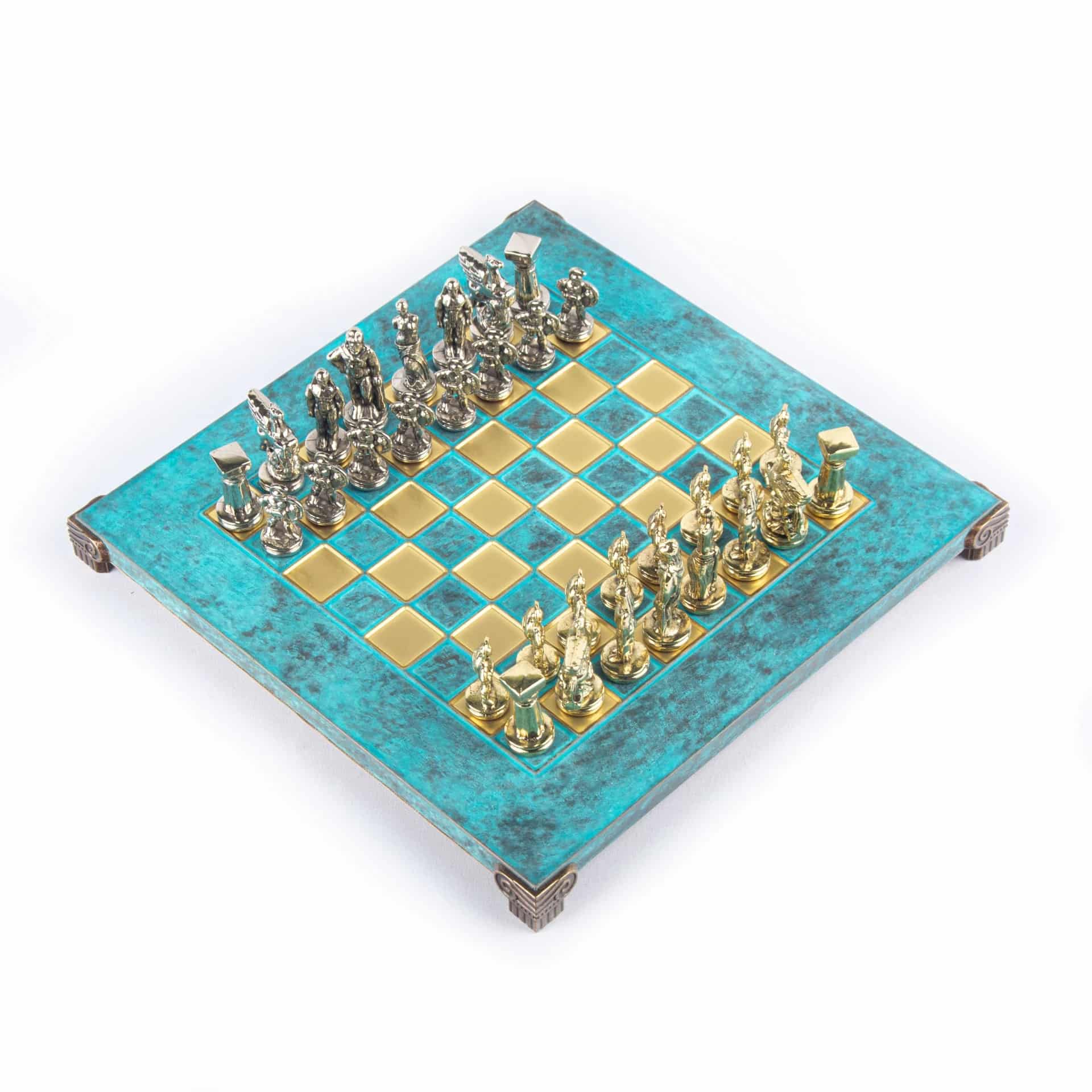 Petit Jeu d'Echecs Guerrier Spartiate - Pièces Dorées & Argentées avec Plateau de Jeu sur Pied en Metal - Image 3