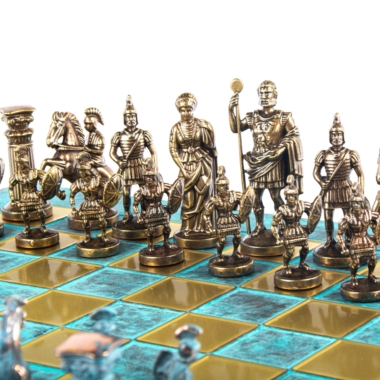 Ensemble de Jeu d'Échecs Gréco-Romain en Métal - Pièces Bronze et Bleues avec Échiquier en Métal 44 x 44 cm et Coffret de Rangement - Image 15
