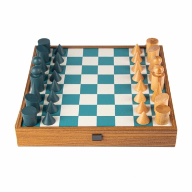 Ensemble de Jeu d'Échecs Style Bauhaus en Bois et Plateau Similicuir Bleu et Blanc avec Rangement - Image 5