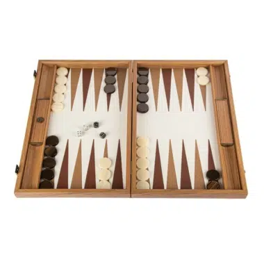 Backgammon ouvert en cuir façon crocodile, pions ivoire et marron et dés