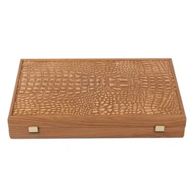 Coffret de backgammon fermé, couvercle en cuir gaufré façon crocodile