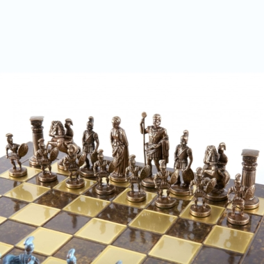 Ensemble de Jeu d'Échecs Gréco-Romain en Métal - Pièces Bronze et Bleues avec Échiquier en Métal 44 x 44 cm et Coffret de Rangement - Image 5