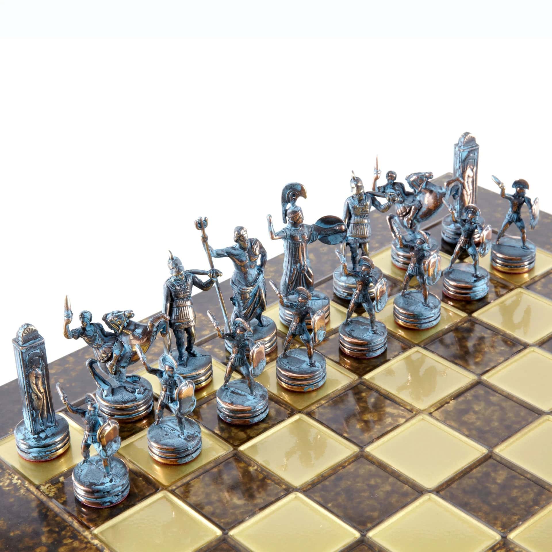 Ensemble d'Échecs Mythologie Grecque en Métal – Pièces Bronze et Bleu avec Échiquier en Métal - Image 4