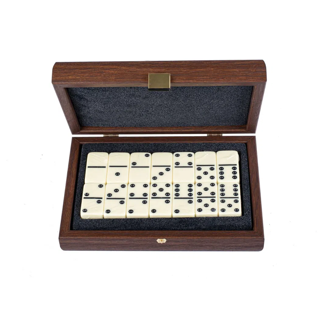 Ensemble de Dominos en Cuir Tressé Marron avec Coffret en Bois