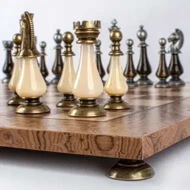 Détail des pièces d'échecs sur l'échiquier en loupe de noyer