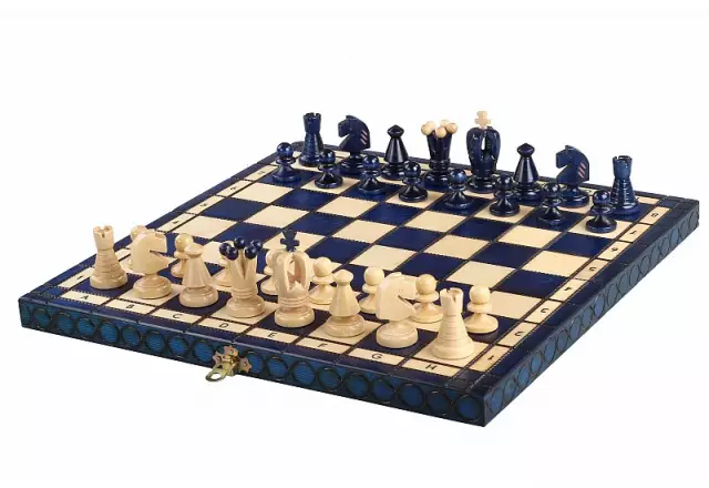 Jeu d'Echecs Pliable en Bois Bleu et Ivoire avec Rangement 34 x 34 cm