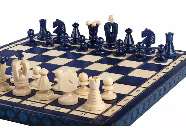 Jeu d'Echecs Pliable en Bois Bleu et Ivoire avec Rangement 34 x 34 cm