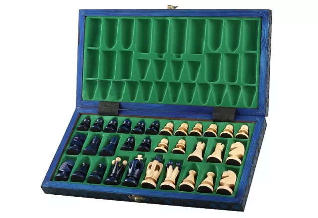 Jeu d'Echecs Pliable en Bois Bleu et Ivoire avec Rangement 34 x 34 cm