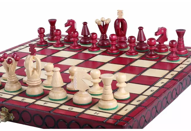 Échiquier Pliable en Bois Rouge et Ivoire avec Rangement - 35 x 35 cm