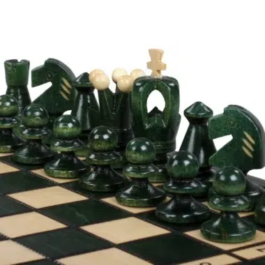 Ensemble d’Echecs en Bois Pliable – Petit Format 28,5 cm avec Pièces Vertes et Ivoire en Bois de Bouleau et de Hetre