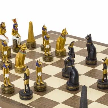 Jeu d’Echecs Égypte Ancienne – Échiquier en Bois et Pièces Peintes à la Main