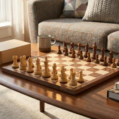 Jeu d'échecs Fierce Knight installé sur une table avec une ambiance cosy - Le Palais Des Echecs