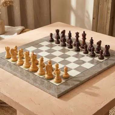 Jeu d'échecs décoratif en bois dans un cadre chaleureux et moderne - Le Palais Des Echecs