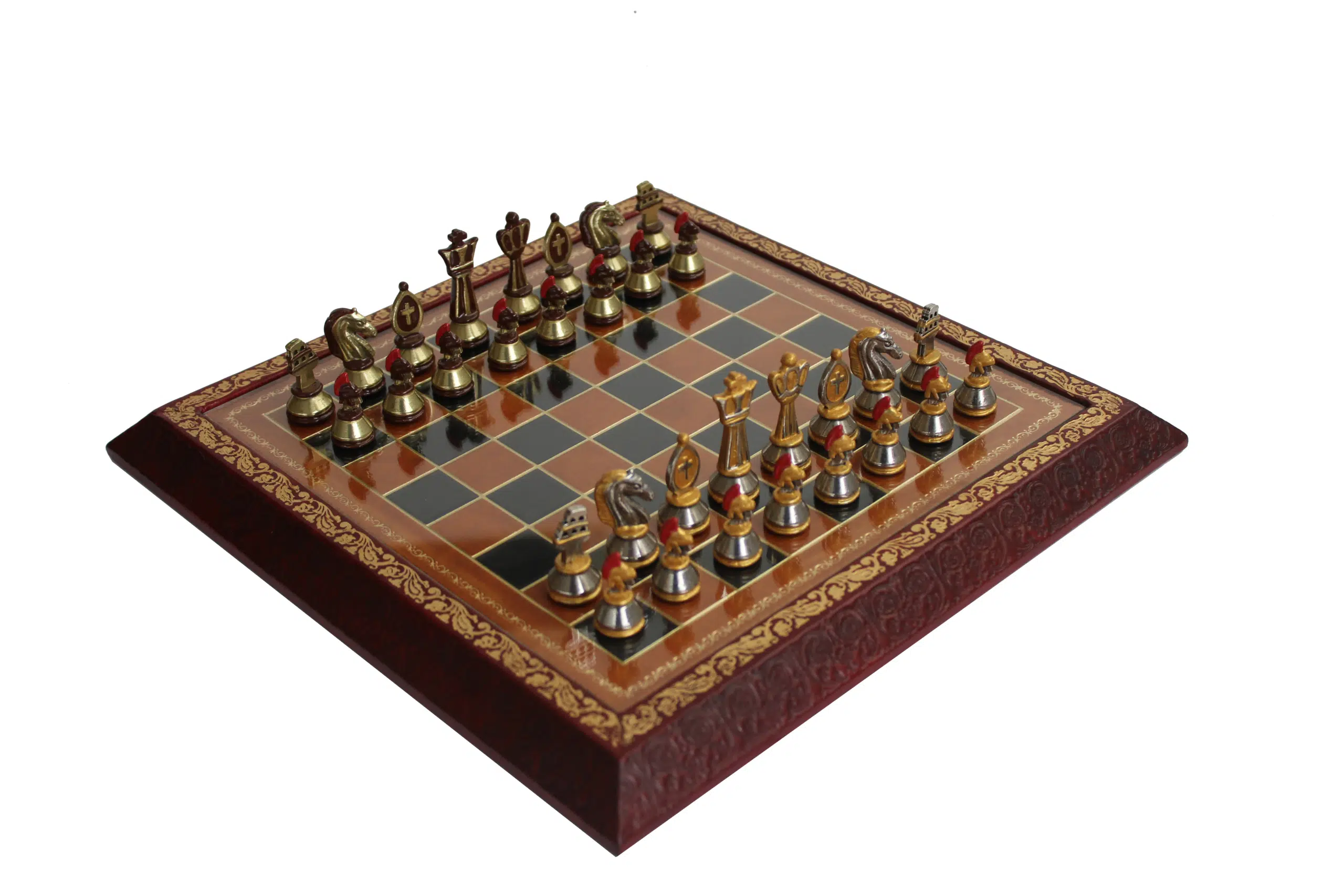 Jeu d'échecs de collection Romains en métal peint sur échiquier de luxe en cuir et verre